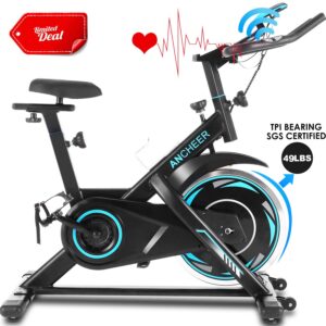 ANCHEER Exercise Bike, Indoor Cycling Bike Stationary with Heart Rate Monitor & LCD Monitor, Comfortable Seat Cushion, 40LBS Heavy Flywheel, Multi - Grips Handlebar (Black)