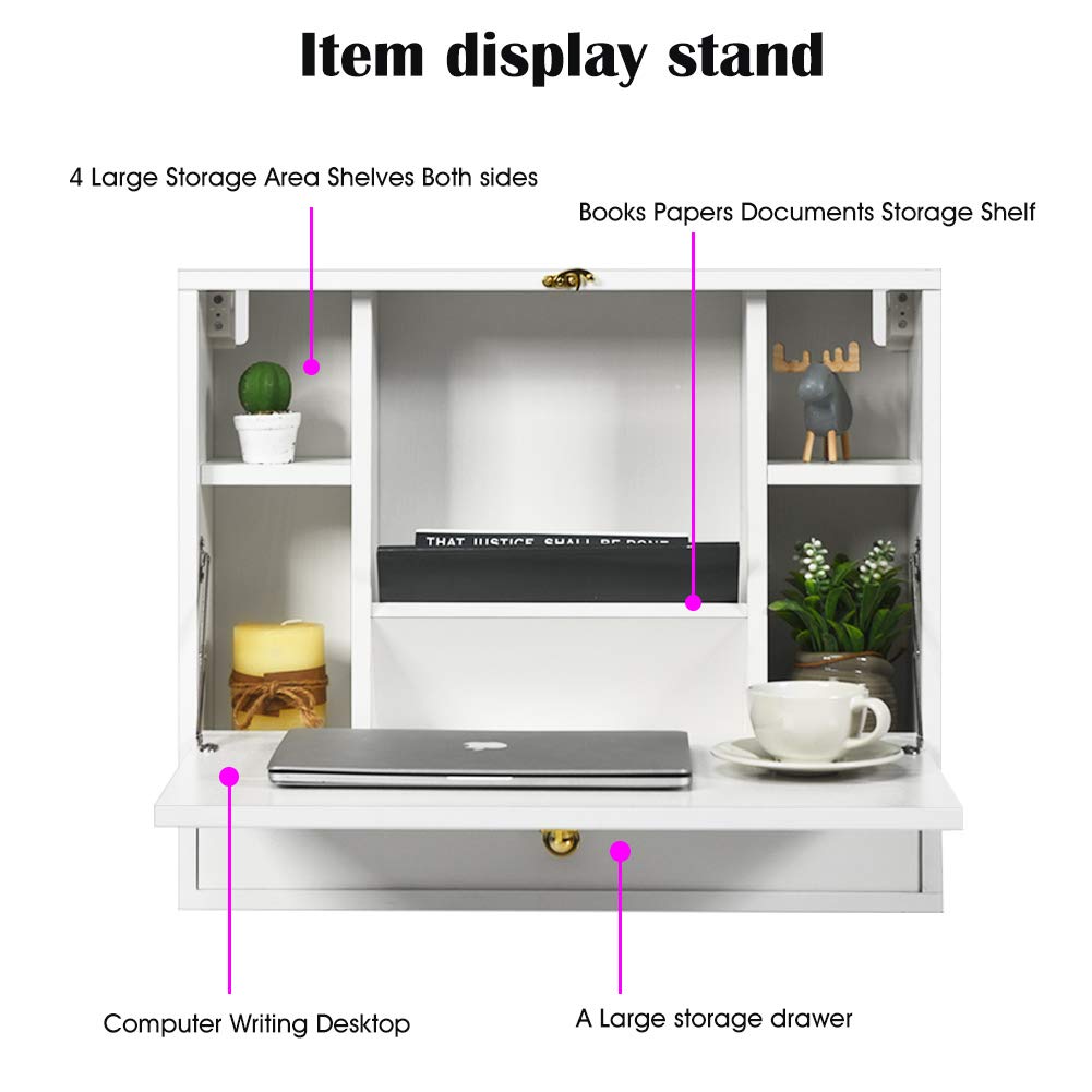 WATERJOY Storage Chests,Wall Foldable Cabinets,Hideaway Storage with Drawer,Small Folding Hanging Storage Cabinets Working Table Computer Desk Dining Desk Vanity Table for Home,Office White