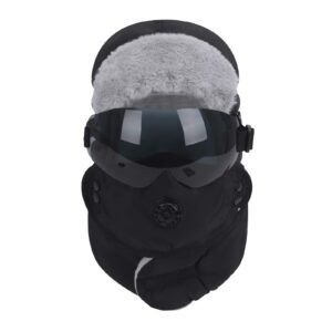 Windproof Full Cover Balaclava with Glasses Men Women Winter Thermal Plush Lining Ski Camping Full Hood Earflap Cap Snowproof Hunting Trapper Hat Cycling Bike Ushanka Russian Hat Black