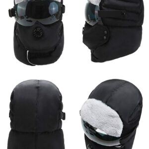 Windproof Full Cover Balaclava with Glasses Men Women Winter Thermal Plush Lining Ski Camping Full Hood Earflap Cap Snowproof Hunting Trapper Hat Cycling Bike Ushanka Russian Hat Black