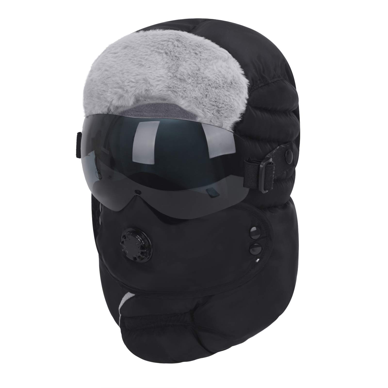 Windproof Full Cover Balaclava with Glasses Men Women Winter Thermal Plush Lining Ski Camping Full Hood Earflap Cap Snowproof Hunting Trapper Hat Cycling Bike Ushanka Russian Hat Black