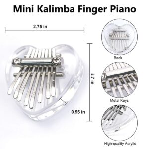 Kalimba 8 Keys Thumb Piano, Mini Kalimba Clear Heart-shape Musical Instruments, Portable Mbira Sanza Finger Piano, Gift for Kids Adult Beginners Professional