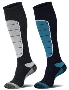 hylaea merino wool ski socks, cold weather socks for snowboarding, snow, winter, thermal knee-high warm socks, hunting, outdoor sports (2 pairs (grey blue), x-large)