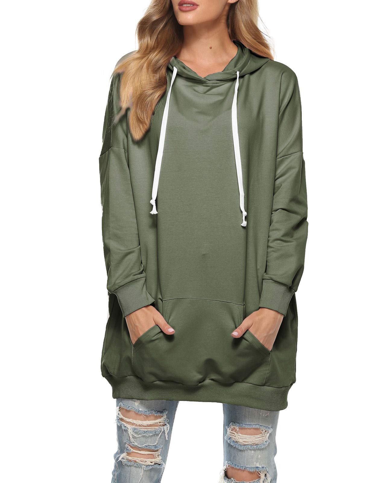 Famulily Womens Tunic Sweatshirts and Hoodies Oversized Drawstring Hood Unique Pullover Tops Army Green X-Large