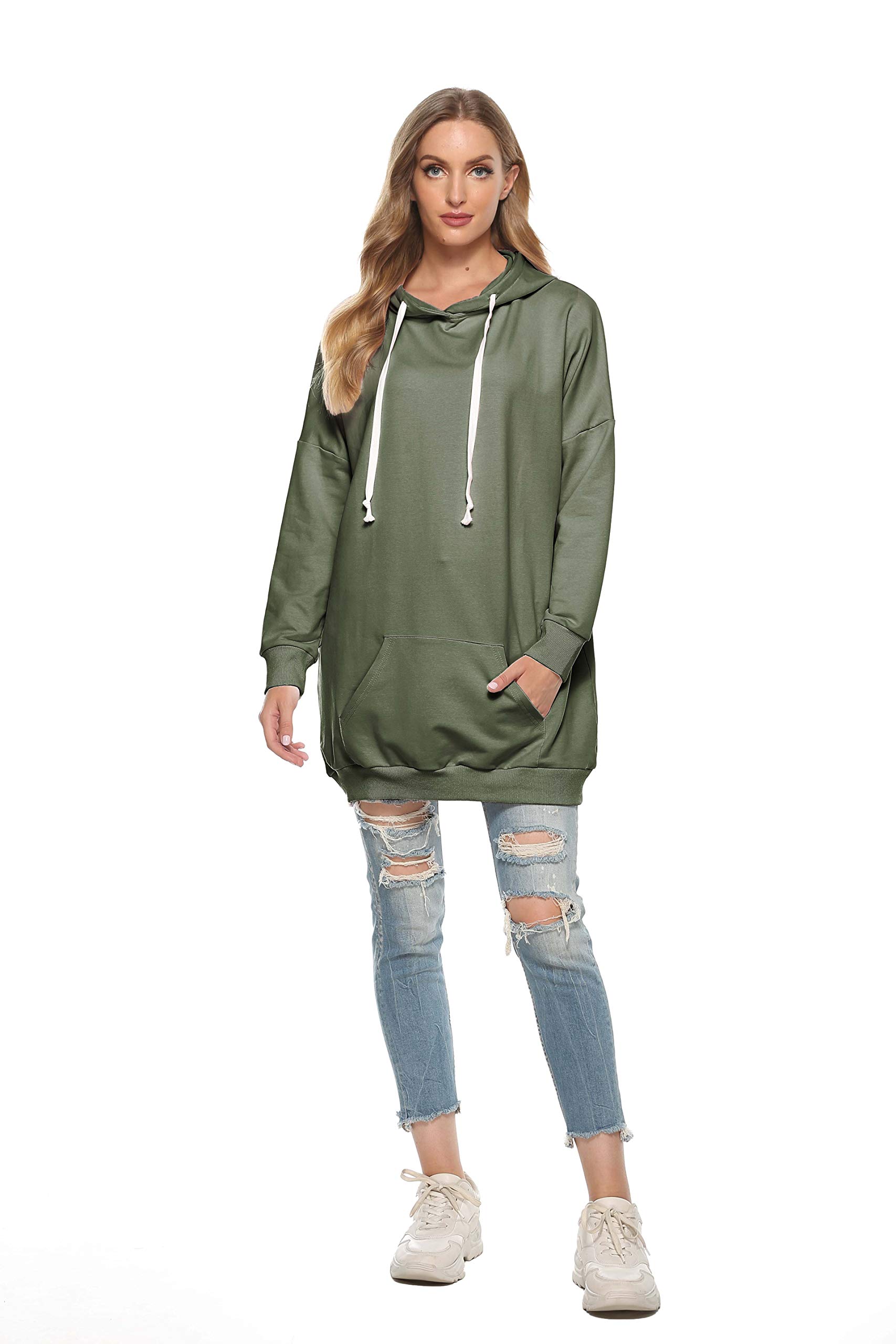 Famulily Womens Tunic Sweatshirts and Hoodies Oversized Drawstring Hood Unique Pullover Tops Army Green X-Large