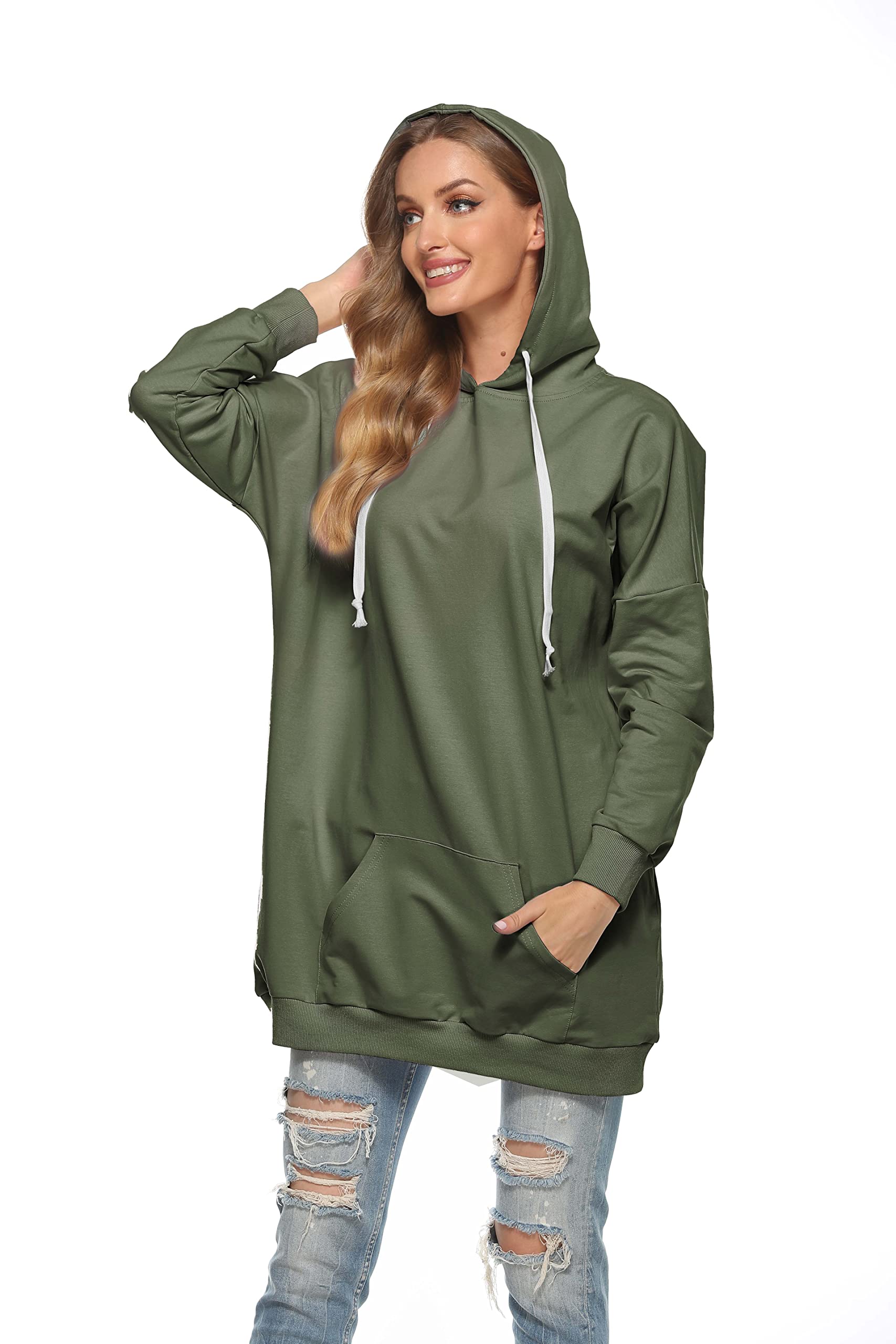 Famulily Womens Tunic Sweatshirts and Hoodies Oversized Drawstring Hood Unique Pullover Tops Army Green X-Large