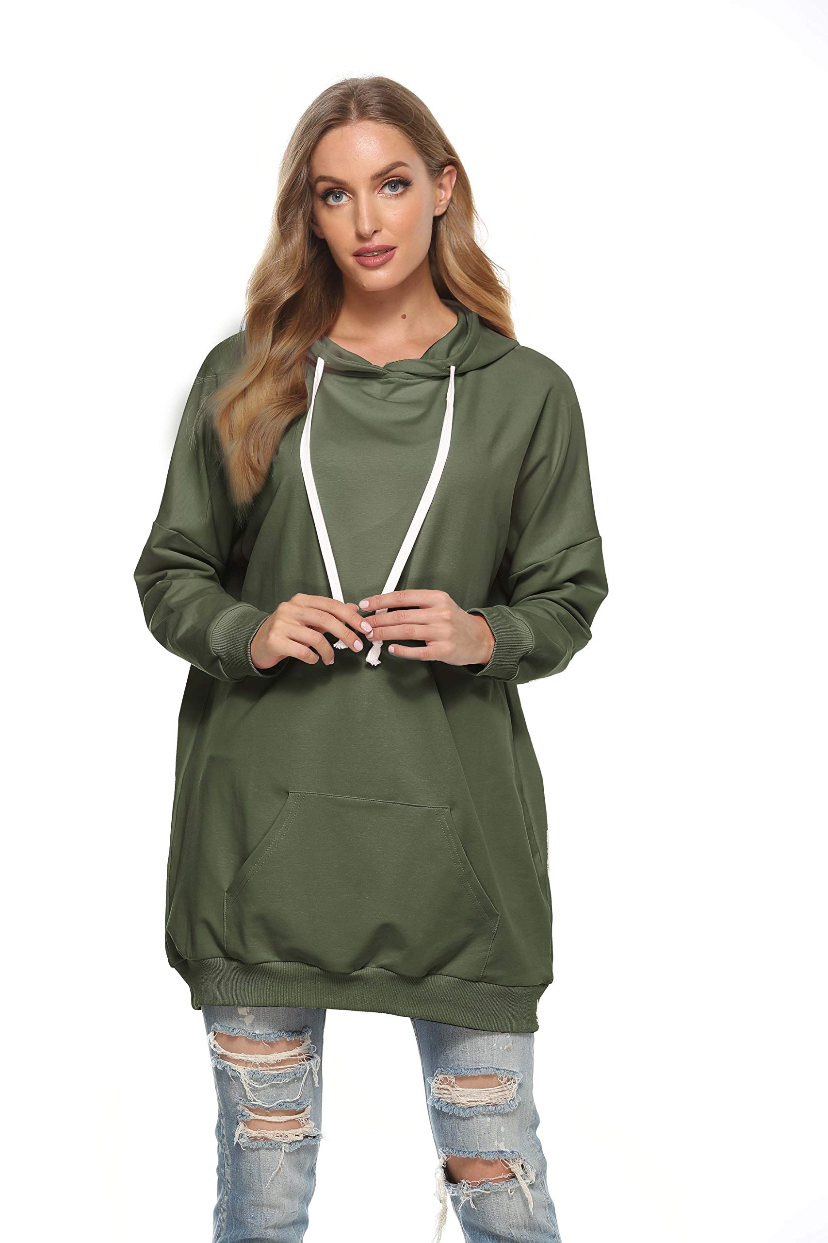 Famulily Womens Tunic Sweatshirts and Hoodies Oversized Drawstring Hood Unique Pullover Tops Army Green X-Large