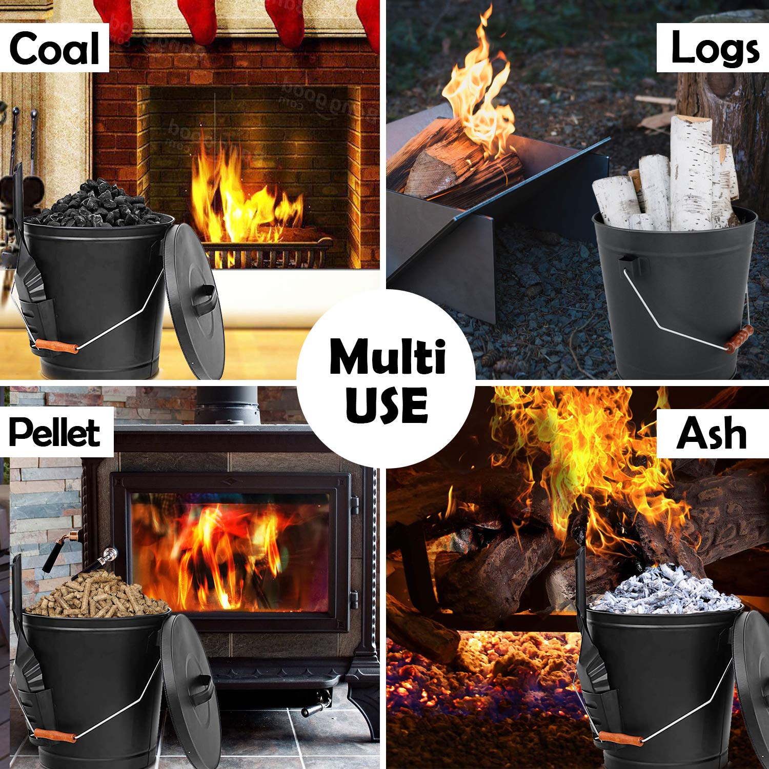 Hisencn Ash Bucket with Lid and Shovel, 5.15 Gallon Large Galvanized Metal Coal and Hot Ash Pail for Fireplace, Hearth, Charcoal Wood Fire Pits Burning Stoves Indoor and Outdoor