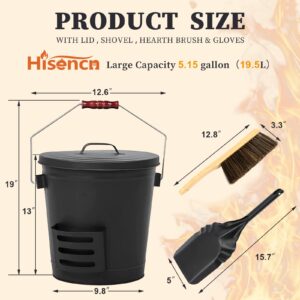 Hisencn Ash Bucket with Lid and Shovel, 5.15 Gallon Large Galvanized Metal Coal and Hot Ash Pail for Fireplace, Hearth, Charcoal Wood Fire Pits Burning Stoves Indoor and Outdoor