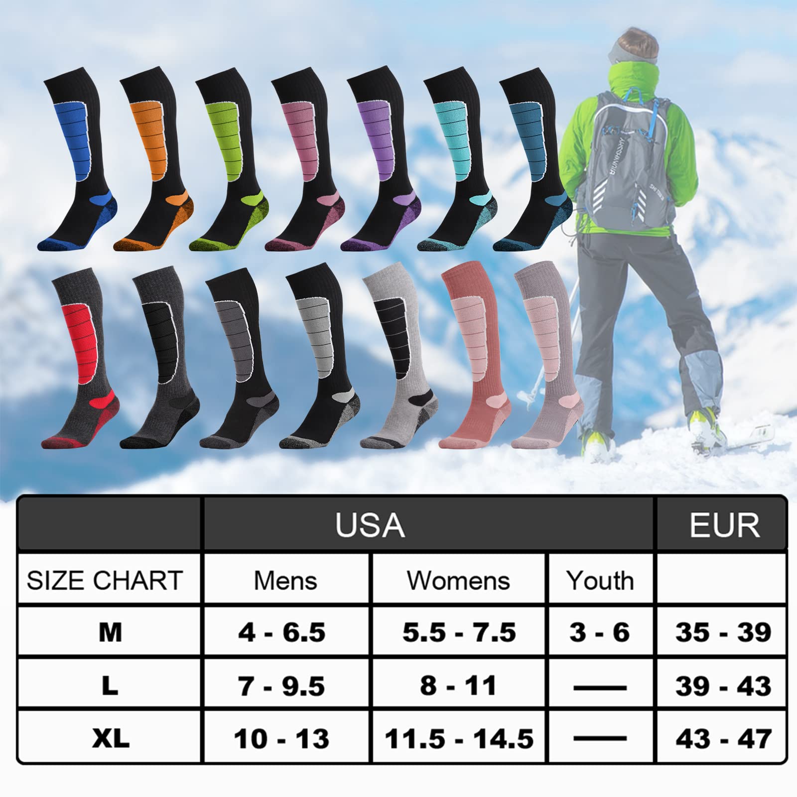 Hylaea Merino Wool Ski Socks, Cold Weather Socks for Snowboarding, Snow, Winter, Hunting, Thermal, Knee-high Warm, Outdoor Sports Grey Black 2 Pairs X-large