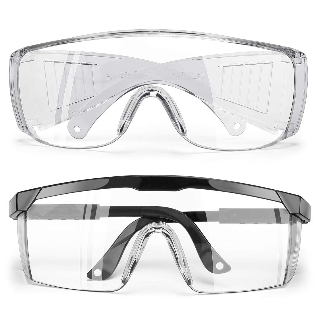 FUJIWARA Safety Goggles, Anti Fog over eyeglasses,Eye Protection with Clear View for Lab,Work,Construction,Shooting,Chemistry,2 Pack(1 Louver-type Ventilation and 1 Adjustable Arms)