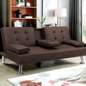 YESHOMY Futon Sofa Bed, Modern Faux Leather Convertible Folding Lounge Couch for Living Room with 2 Cup Holders Removable Soft Armrest and Sturdy Metal Legs, Black