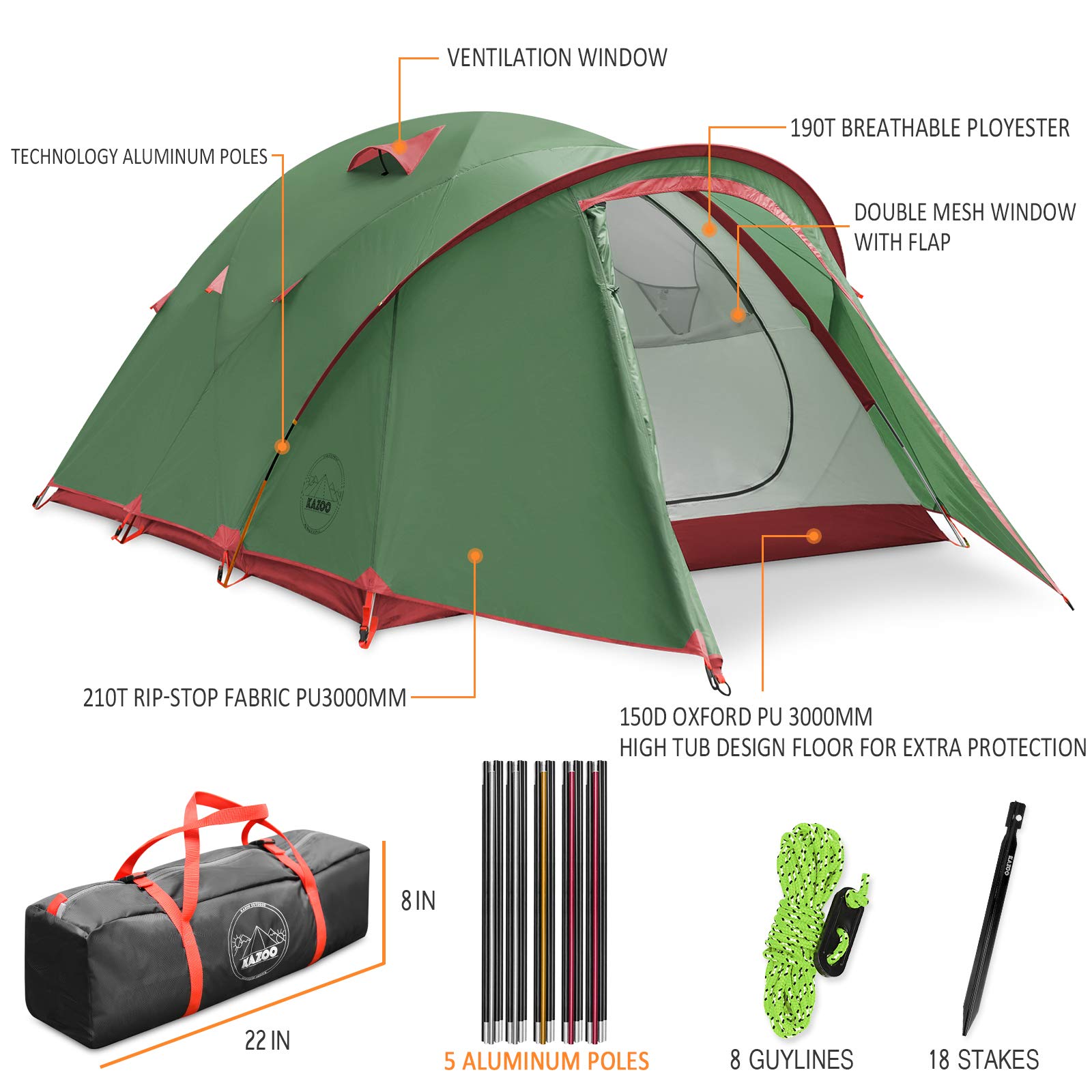 KAZOO Waterproof Camping Tent 4 Person Family Backpacking Tents 4 People Lightweight Hiking Tents 4 Man Aluminum Frame Double Layer