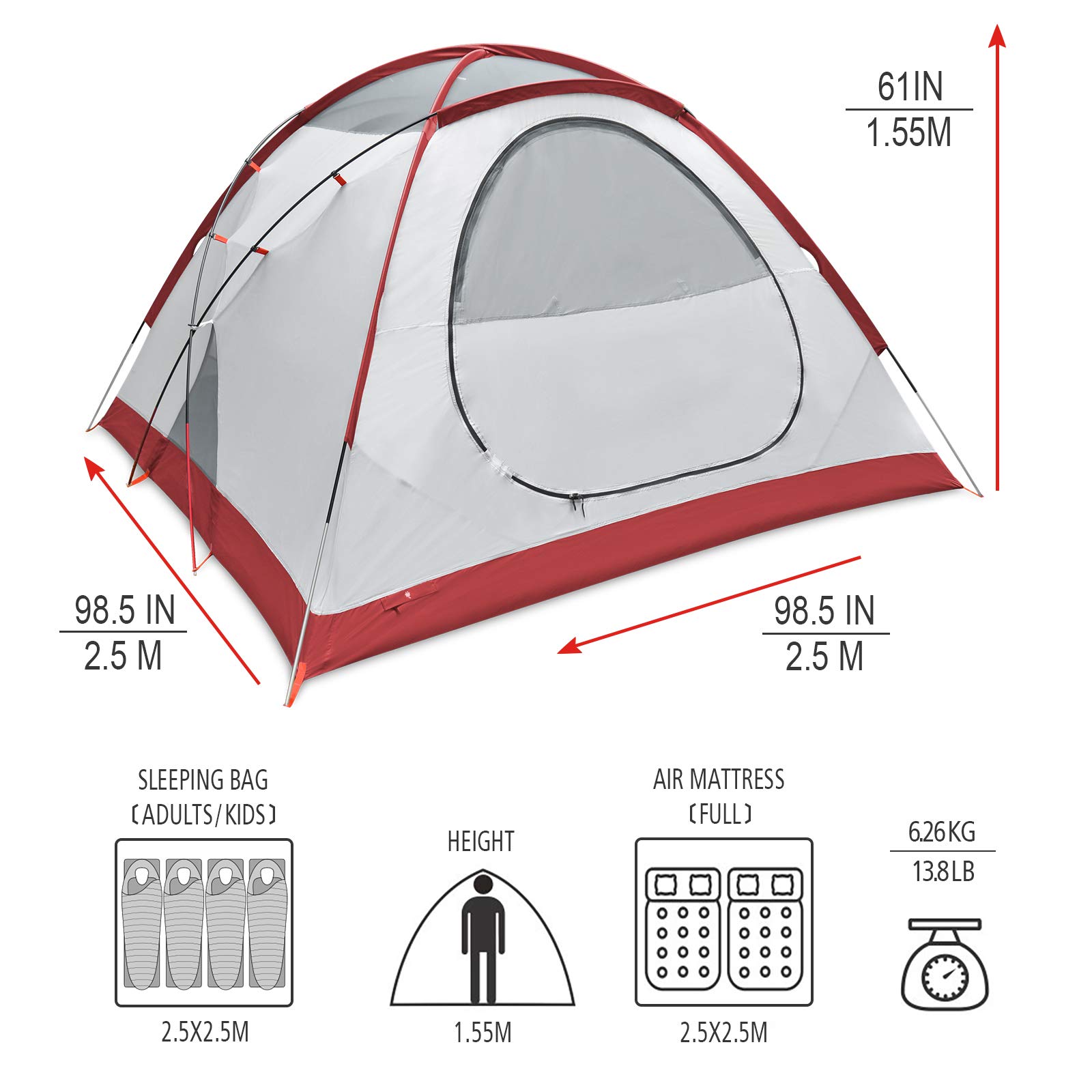 KAZOO Waterproof Camping Tent 4 Person Family Backpacking Tents 4 People Lightweight Hiking Tents 4 Man Aluminum Frame Double Layer