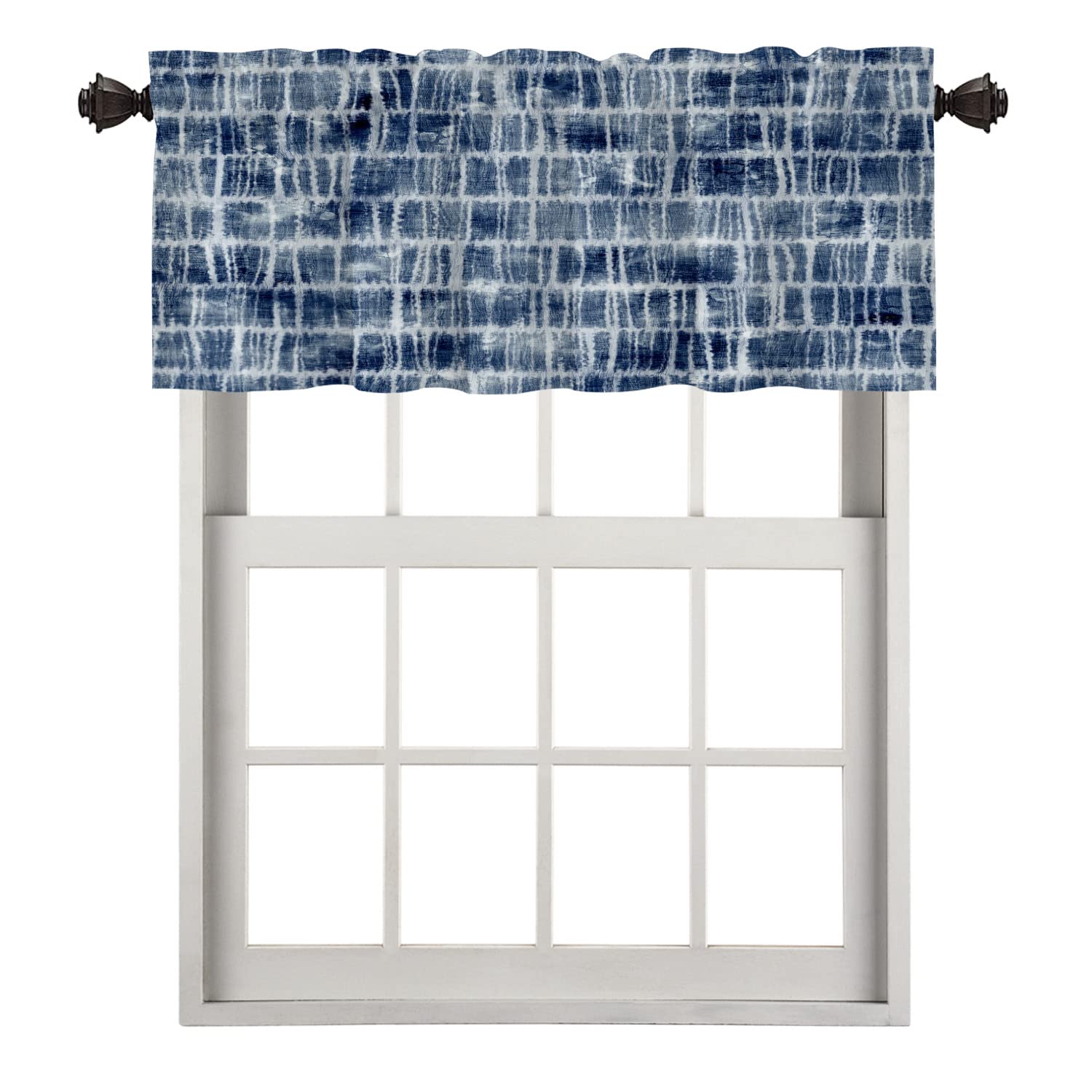 BaoNews Abstract Indigo Kitchen Valances Window Curtain, Blue Check Abstract Indigo Tie Dyed Grid Navy Blackout Decoration Small Window Valances Curtains Drapes Kitchen Bedroom, 52 X 18 Inch