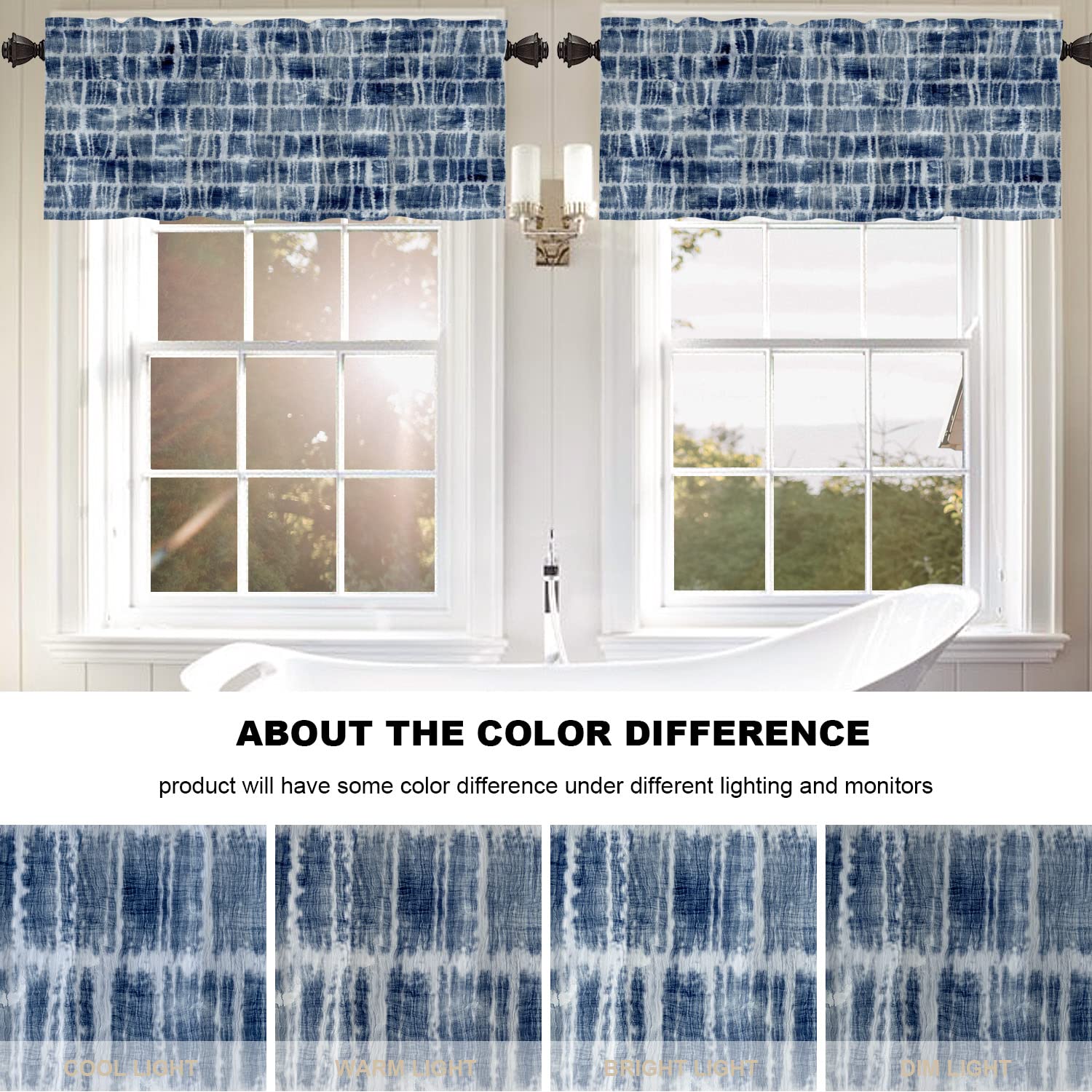 BaoNews Abstract Indigo Kitchen Valances Window Curtain, Blue Check Abstract Indigo Tie Dyed Grid Navy Blackout Decoration Small Window Valances Curtains Drapes Kitchen Bedroom, 52 X 18 Inch