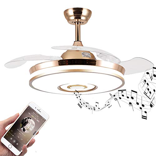 42 Inch Modern Golden Ceiling Fan with Light and Remote Control Bluetooth Music Playback Function 3 Colors 3 Speed Smart Ceiling Fan Light Kit LED Chandelier Ceiling Fan for Living Room Bedroom (Wave)