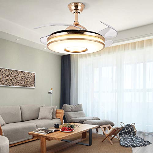 42 Inch Modern Golden Ceiling Fan with Light and Remote Control Bluetooth Music Playback Function 3 Colors 3 Speed Smart Ceiling Fan Light Kit LED Chandelier Ceiling Fan for Living Room Bedroom (Wave)