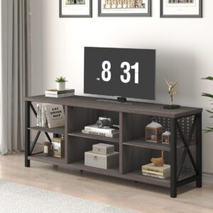 lvb rustic tv stand, industrial entertainment center for 70 inch tv, long wood and metal television stand with storage, large modern farmhouse media console table for living bedroom, rustic oak, 59 in