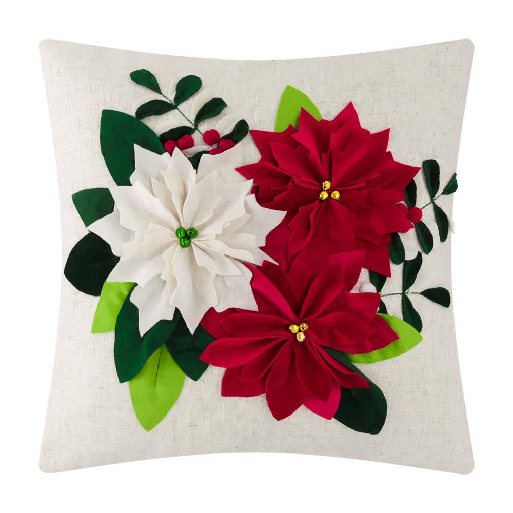 JWH Christmas Flower Pillow Cover Decorative Stereo Poinsettia Throw Pillow Green Leaf Accent Pillow Case Winter Holiday Cushion for Home Bed Living Room Couch Decor Sham 18x18 Inches Beige Red