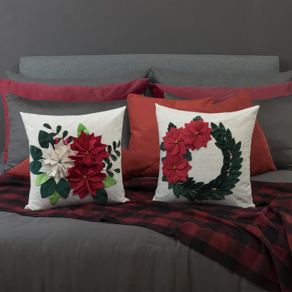 JWH Christmas Flower Pillow Cover Decorative Stereo Poinsettia Throw Pillow Green Leaf Accent Pillow Case Winter Holiday Cushion for Home Bed Living Room Couch Decor Sham 18x18 Inches Beige Red