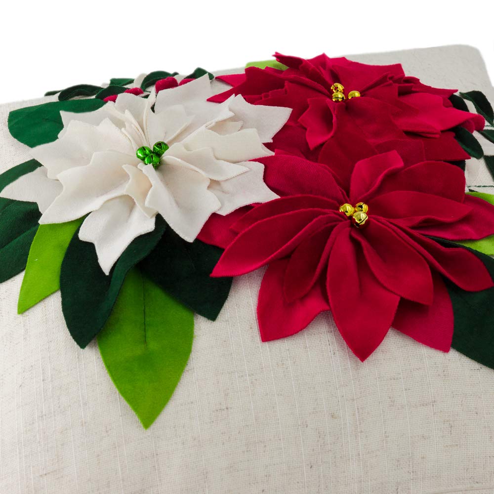 JWH Christmas Flower Pillow Cover Decorative Stereo Poinsettia Throw Pillow Green Leaf Accent Pillow Case Winter Holiday Cushion for Home Bed Living Room Couch Decor Sham 18x18 Inches Beige Red