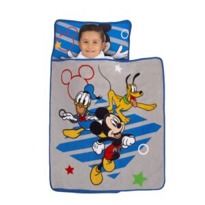 everything kids disney mickey mouse clubhouse buddies padded toddler nap mat with built in pillow, fleece blanket, & name label for daycare, kindergarten or travel, grey, blue, yellow, red