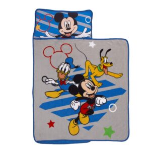 Everything Kids Disney Mickey Mouse Clubhouse Buddies Padded Toddler Nap Mat with Built in Pillow, Fleece Blanket, & Name Label for Daycare, Kindergarten or Travel, Grey, Blue, Yellow, Red