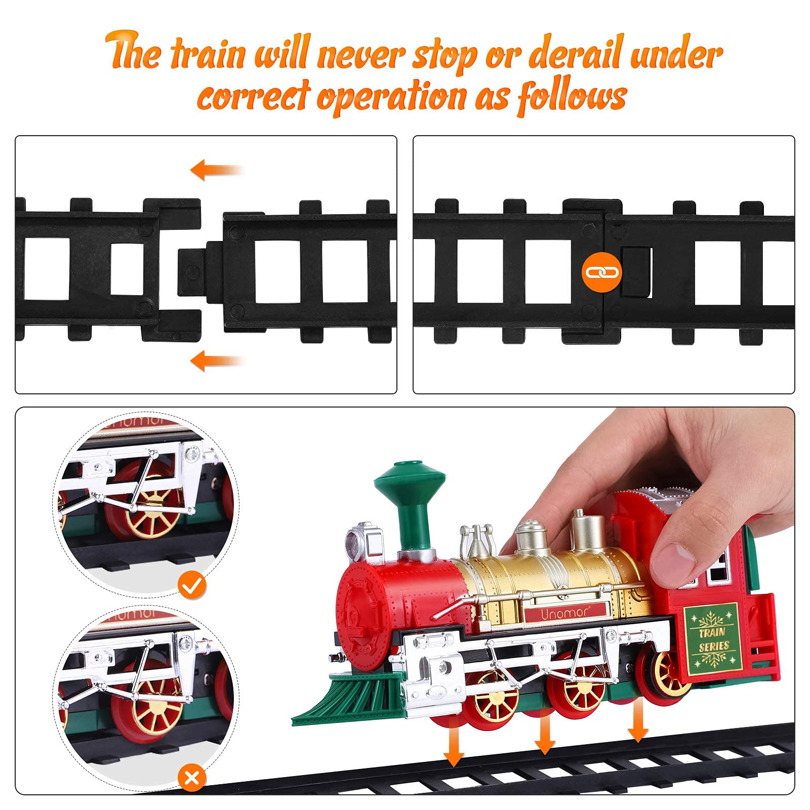 Unomor Train Set with Elf Handcar, Electric Train Set with Light & Sound, Steam Train Railway Tracks Christmas Train Gifts