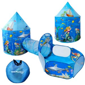 kids play tent 3pc ocean world toy tunnel and ball pit for boys, girls, babies and toddlers - indoor/outdoor pop up playhouse, easy to setup(balls not included)