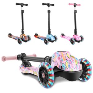 weskate kids scooter, 3 wheel scooter for kids with foldable adjustable height, learn to steer with pu led flashing wheels for child age 3-12