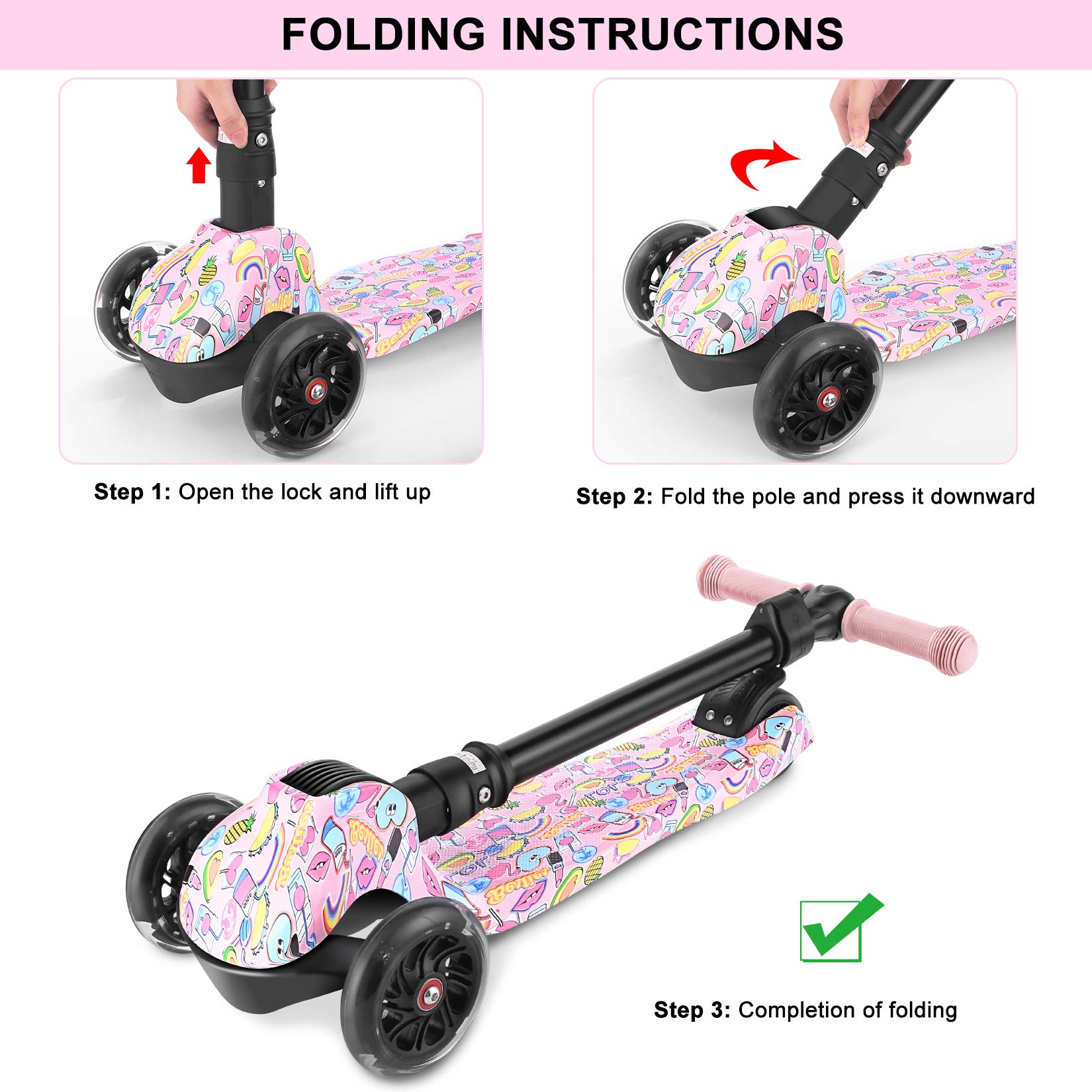 WeSkate Kids Scooter, 3 Wheel Scooter for Kids with Foldable Adjustable Height, Learn to Steer with PU LED Flashing Wheels for Child Age 3-12