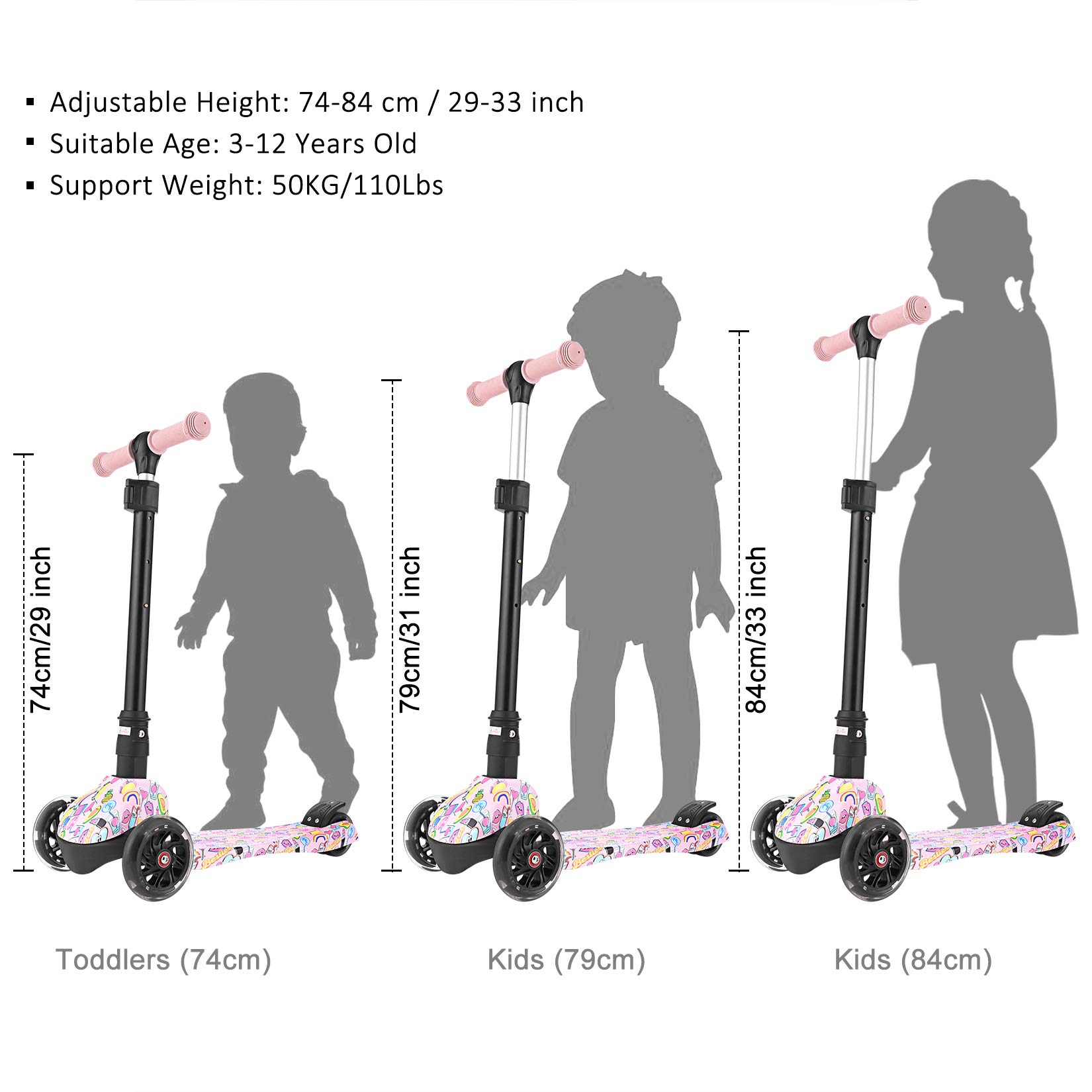 WeSkate Kids Scooter, 3 Wheel Scooter for Kids with Foldable Adjustable Height, Learn to Steer with PU LED Flashing Wheels for Child Age 3-12