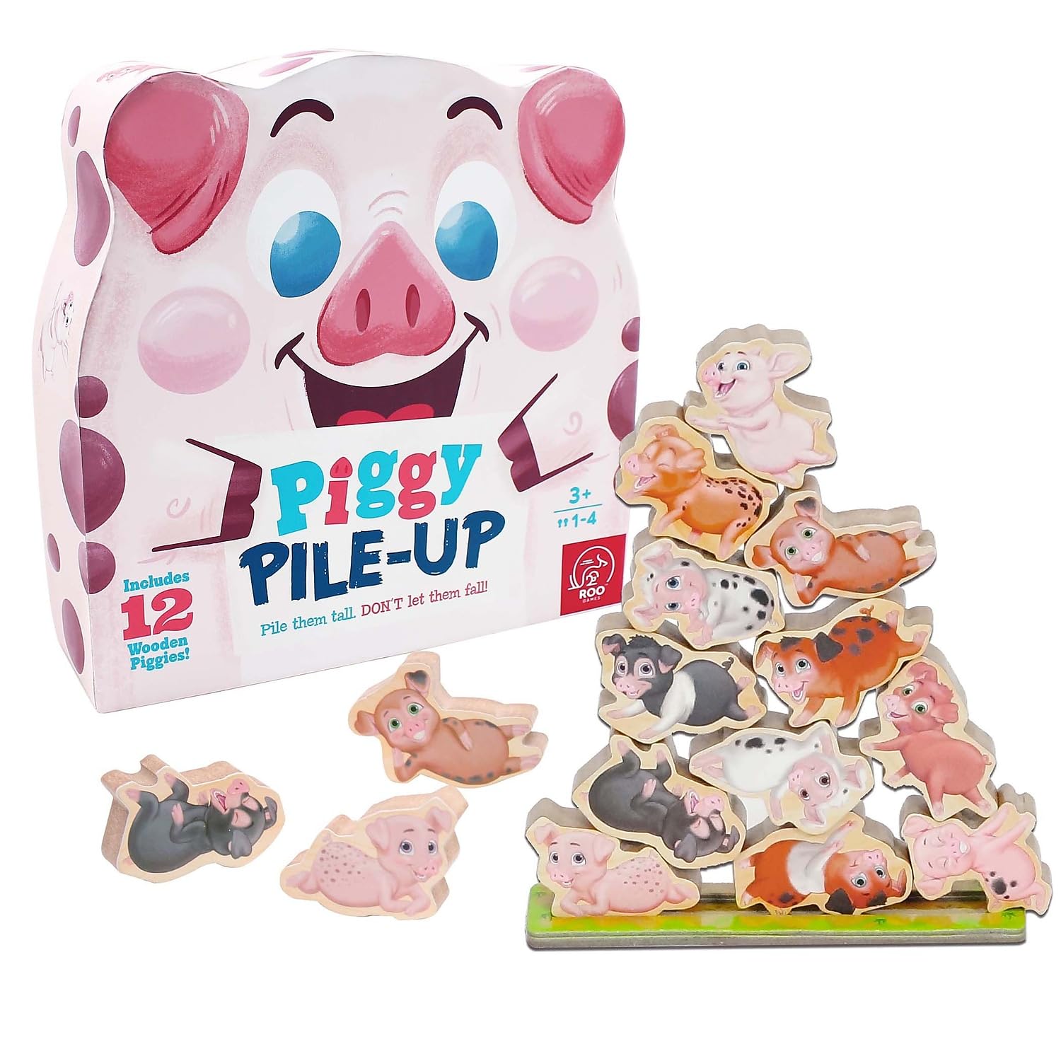 ROO GAMES Piggy Pile-Up - Fast-Paced Stacking and Balancing Game - For Ages 3+ - Place All Your Pigs on the Pile to Win