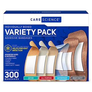 Care Science Variety Bandages Pack, 300 ct Bulk Assorted Sizes | Includes Active, All-Purpose, Waterproof, and Heavy-Duty Bandages. Breathable Protection Helps Prevent Infection for First Aid