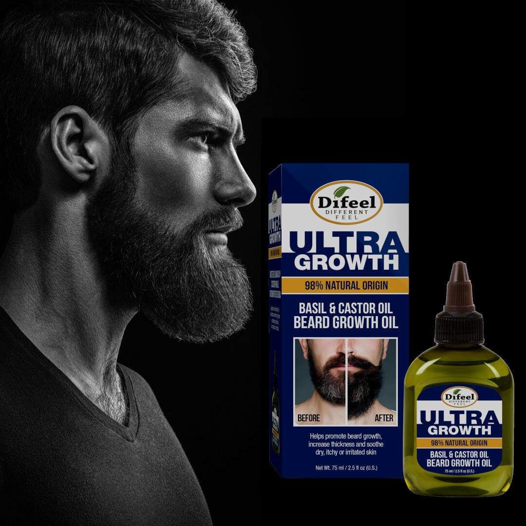 Difeel Mens Ultra Growth Basil and Castor Beard Oil 2.5 oz. - Natural Beard Oil for Hair Growth