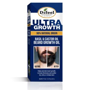 Difeel Mens Ultra Growth Basil and Castor Beard Oil 2.5 oz. - Natural Beard Oil for Hair Growth