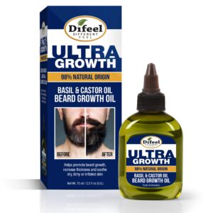 Difeel Mens Ultra Growth Basil and Castor Beard Oil 2.5 oz. - Natural Beard Oil for Hair Growth