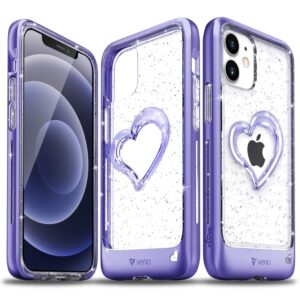 vena iphone 12 mini glitter case, vlove (heart shape, cornerguard protection) dual layer slim hybrid clear bumper cover designed for apple iphone 12 mini (5.4"-inch) - purple