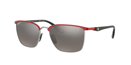 Ray-Ban RB3673M Scuderia Collection Square Sunglasses, Red Ferrari On Silver/Chromance Grey Mirrored Grey Gradient Polarized, 56 mm