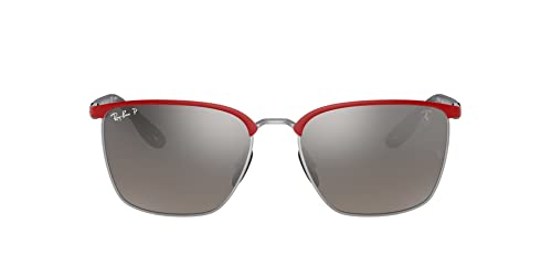 Ray-Ban RB3673M Scuderia Collection Square Sunglasses, Red Ferrari On Silver/Chromance Grey Mirrored Grey Gradient Polarized, 56 mm