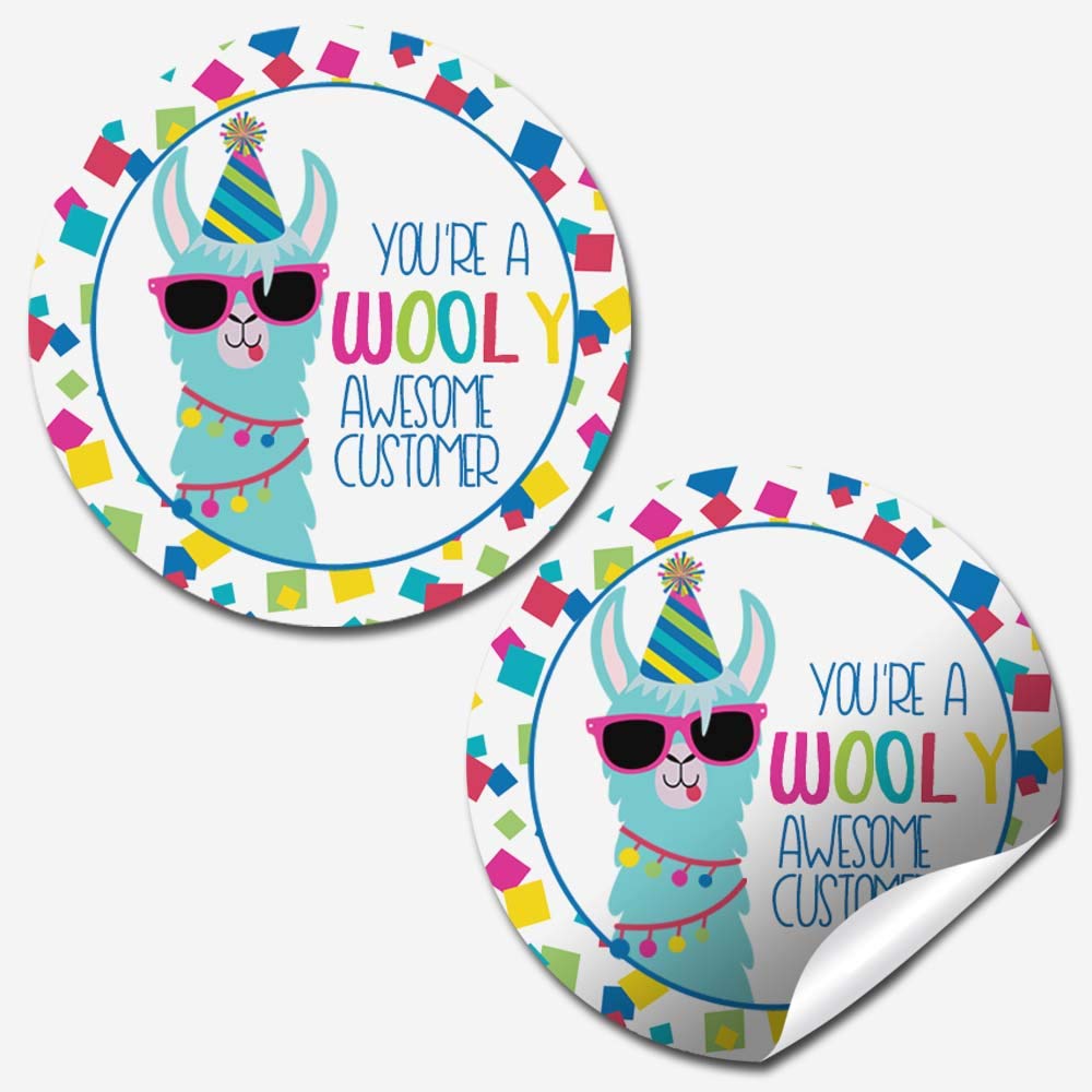 Funny Wooly Awesome Customer Llama Thank You Customer Appreciation Sticker Labels for Small Businesses, 60 1.5" Circle Stickers by AmandaCreation, for Envelopes, Postcards, Direct Mail, More!