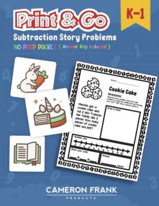 subtraction story problems #s 1-10 | grades k-1 | no preparation packet | common core math standards aligned | classroom, distance learning, homeschool