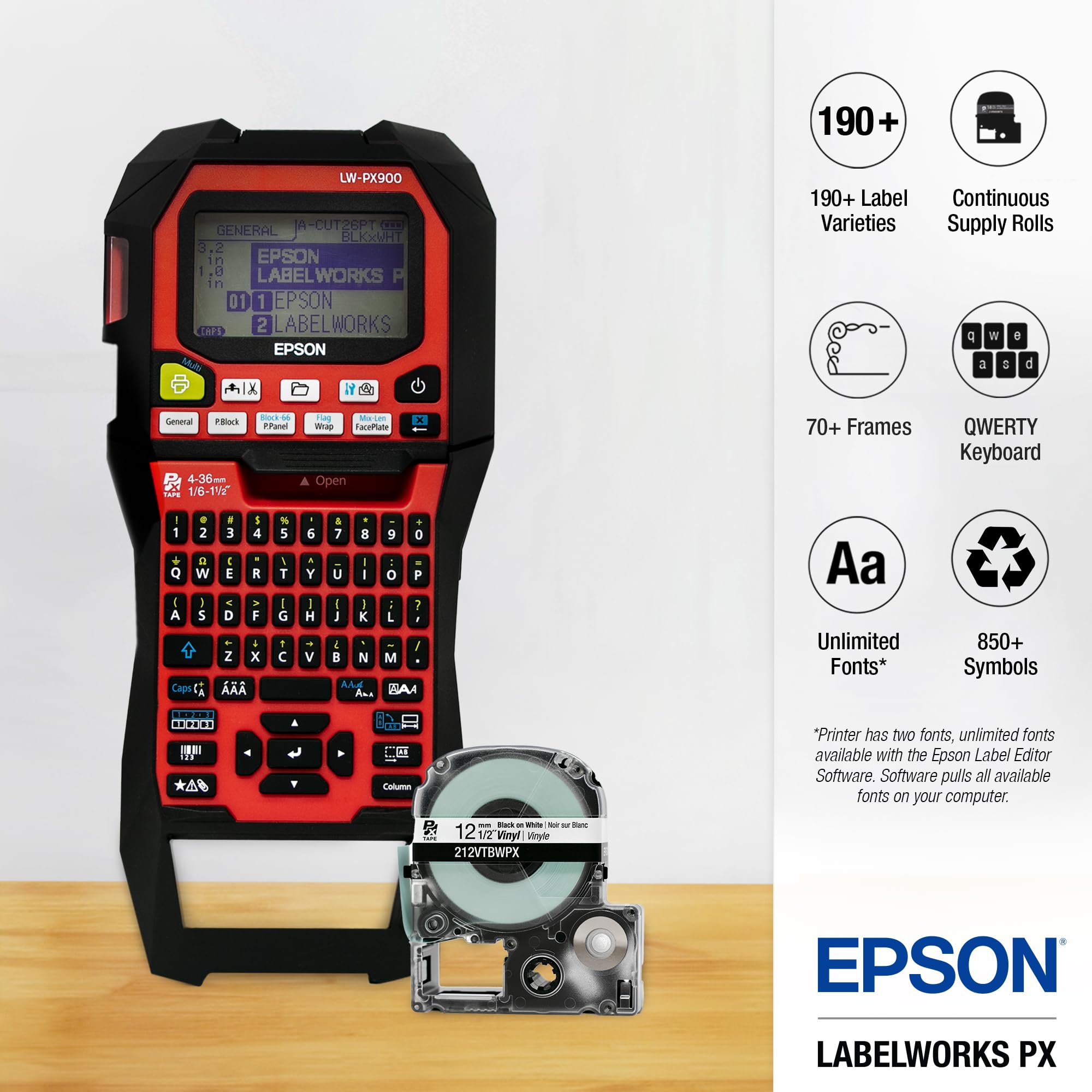 LABELWORKS Epson LW-PX900 Industrial Label Maker - Portable Handheld Label Printer Compatible with All Epson PX Tape Types