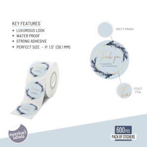 easykart labels 600 Business Thank You Stickers in roll, 1.5" Round Size| Pastel Blue Flower Bunch Design with Gold Foil | Highly Recommended for Small Business Owners.