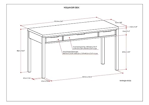 SIMPLIHOME Hollander SOLID WOOD 60 inch Wide Home Office Desk, Writing Table, Workstation, Study Table Furniture in Medium Saddle Brown with 2 Drawers