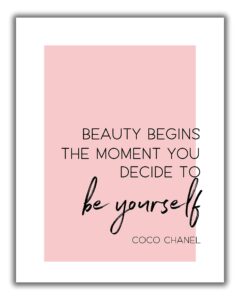 coco chanel inspirational “beauty begins” typography word wall art - 11x14 unframed pink, black & white print - makes a great gift for lovers of minimalist, fashion, motivational decor.