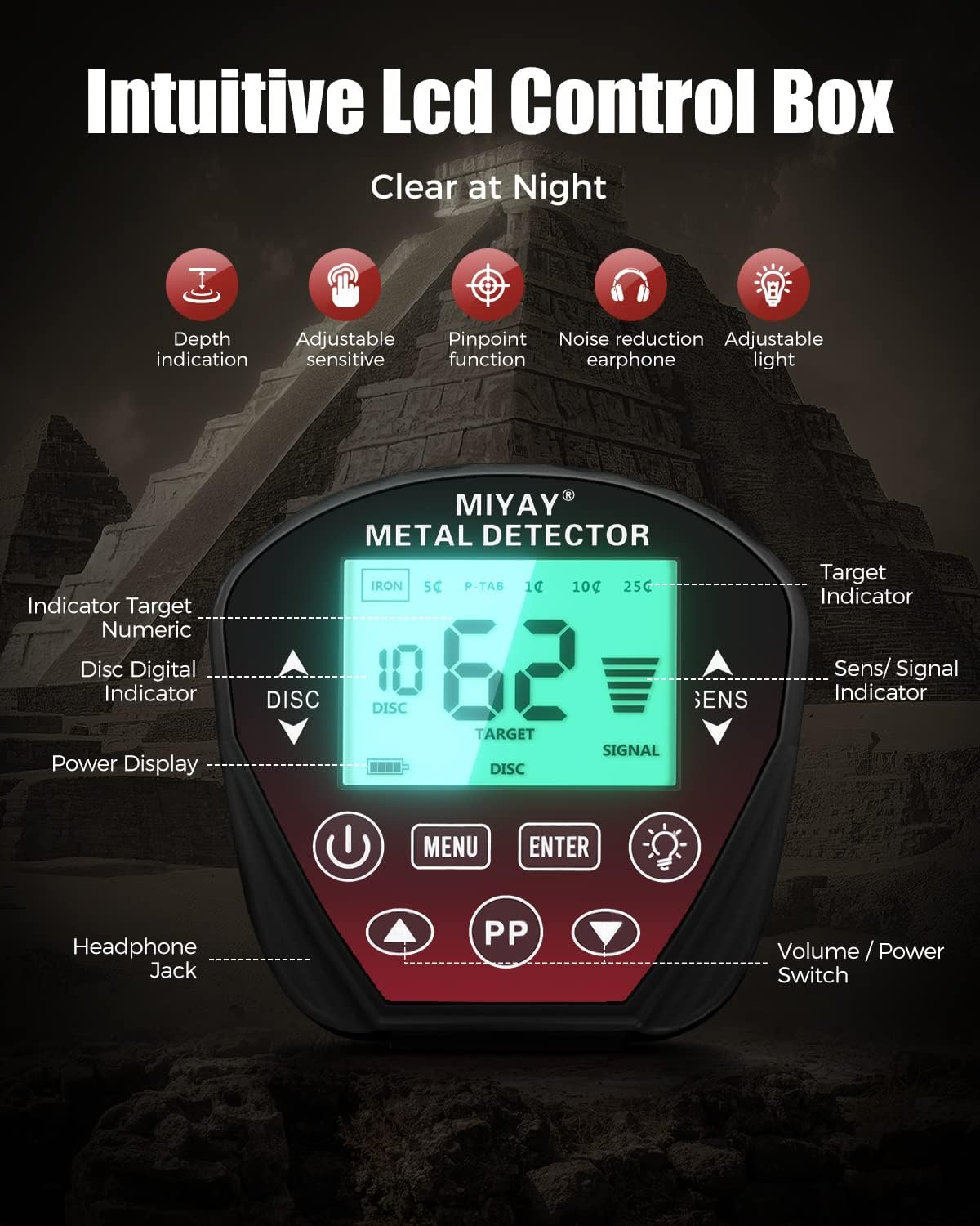 Professional Metal Detector for Adults Waterproof, Gold Metales Detectors Lightweight with LCD Display, Pinpoint & Disc & Notch & All Metal 5 Modes, Set of Metal Detector, Battery Included