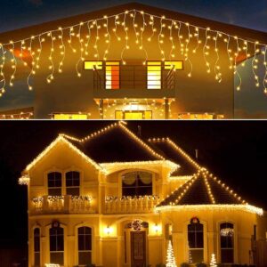 led icicle christmas lights outdoor/indoor 42.6ft(32.8ft+9.8ft) 60 drops with 300 led, 8 lighting modes, connectable icicle lights, for christmas garden wedding party patio eave decorations - warm