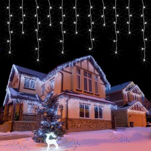 Icicle Christmas Lights Outdoor White - 32.8ft 300 LED Icicle String Lights with 8 Lighting Modes - Connectable Outside Icicle Lights for Xmas/Hourse/Garden/Wedding/Party/Patio/Eave Decorations - Cool